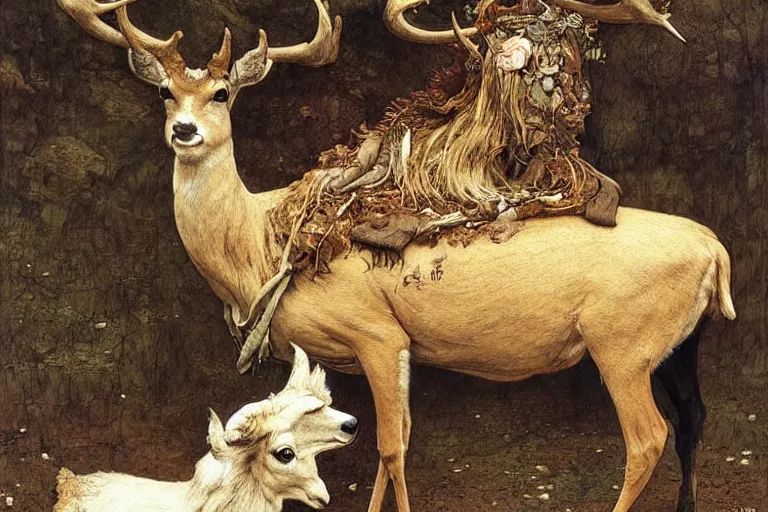 Image similar to Lama, Deer, Dog, Horse combined; fantastic sick beast. Skin of beast is infected exposed damaged skin inflated blisters by Arthur Rackham, Eugene de Blaas, Frederic Leighton, Tom Bagshaw, Ivan Shishkin, Hans Thoma, Asher Brown Durand