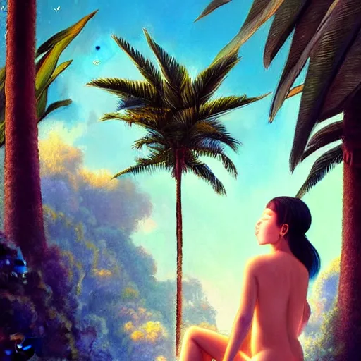 Image similar to a ultradetailed beautiful painting of amazonas by hsiao ron cheng, major arcana mason sparkles sky, and dougherty patrick, trending on artstation, mediterranean, palm trees, light sparkles, major arcana sky, sharp focus, soft light