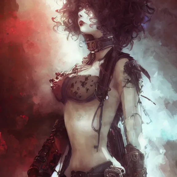 Image similar to christina hendricks!!! goth, tankoban, 4 k, tone mapping, akihiko yoshida, james jean andrei riabovitchev marc simonetti, yoshitaka amano, long hair, curly, h. hydrochaeri