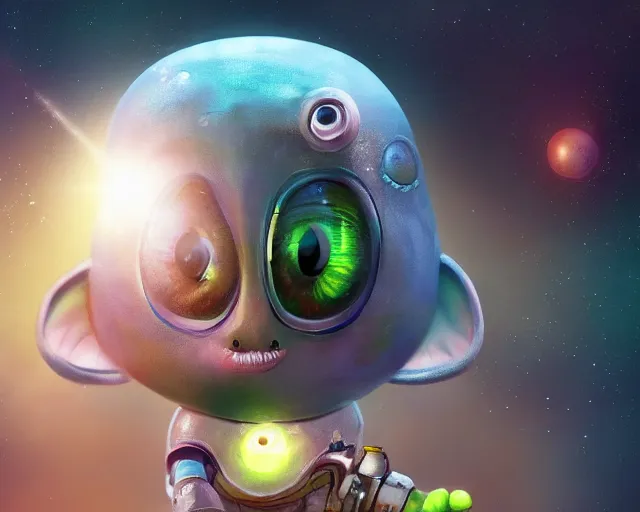 Image similar to 3D Fantasy Cute and adorable small alien piggy in space, huge adorable eyes, bright stars, Smooth 3D Illustration, soft render, Servando Lupini, Daniil Kudriavtsev, handpaint texture, Blender, 3DCoat