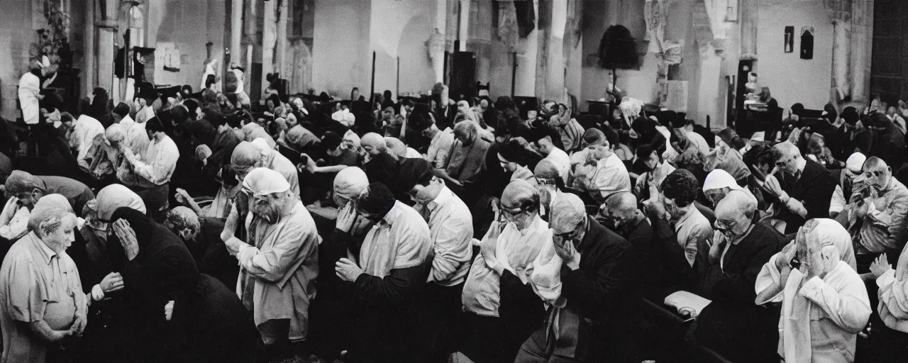 Image similar to a jewish synagogue with people praying next to spaghetti, canon 5 0 mm, cinematic lighting, photography, retro, film, kodachrome, closeup