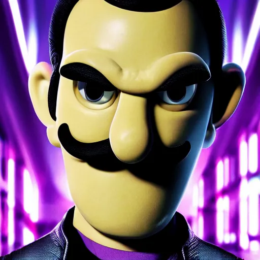 Prompt: dramatic cyberpunk waluigi portrait film still from the movie directed by Denis Villeneuve 8k high def realistic photo