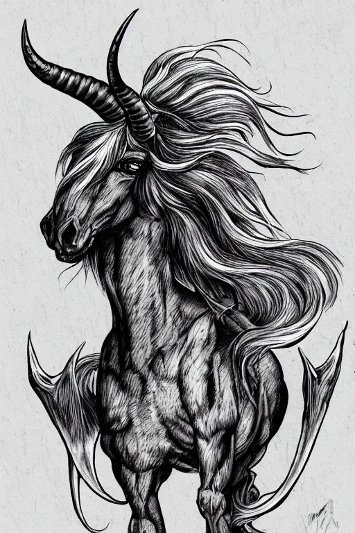 Image similar to demon horse with a horn, symmetrical, highly detailed, digital art, sharp focus, trending on art station, kentaro miura manga art style