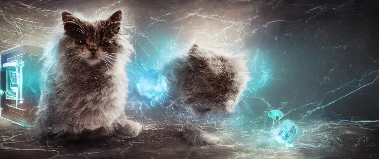 Prompt: superposition of all states of schrodinger's cat in a box, quantum paradox, dead and alive, quantum superposition, waves and particles, wave function, scifi style, concept art, artsation 4 k