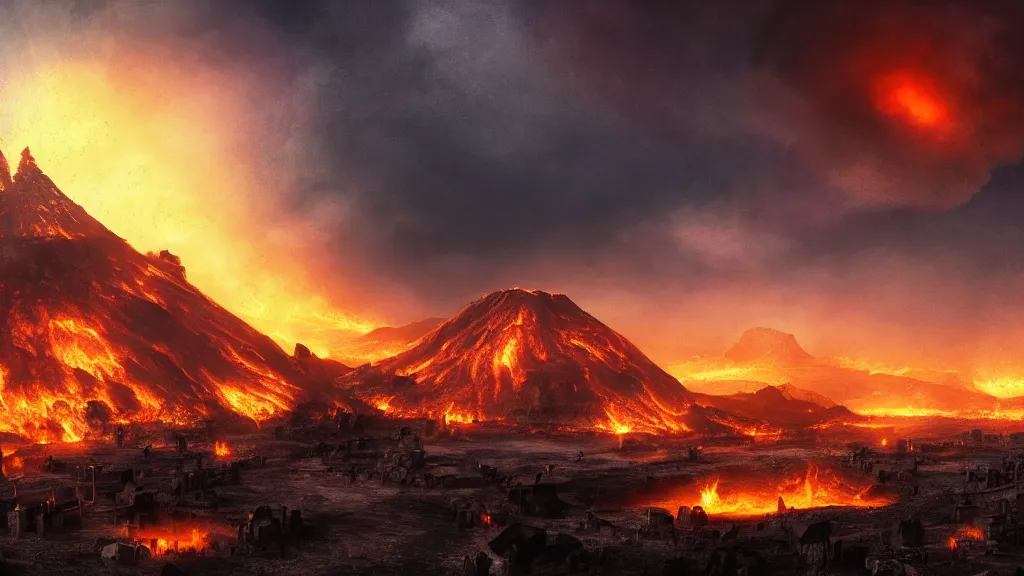 Prompt: ancient city apocalyptic eruption volcanos smoke and fire in sky magma on ground many fires, Game of Thrones, volumetric lighting, fantasy artwork, very beautiful scenery, very realistic painting effect, hd, hdr, cinematic 4k wallpaper, 8k, ultra detailed, high resolution, artstation