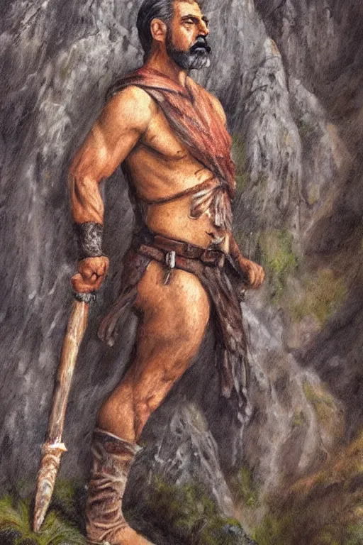 Prompt: a full body high detail fantasy portrait oil painting illustration of Joseph Stalin as a single rugged stoic barbarian man by Justin Sweet with face and body clearly visible, in a scenic background, pupils visible, realistic proportions, d&d, rpg, forgotten realms, artstation trending, high quality, sombre mood, muted colors, no crop, entire person visible!, natural light