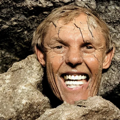 Prompt: photo inside a cavern of a wet reptilian humanoid robert wyatt partially hidden behind a rock, with black eyes, open mouth and big teeth