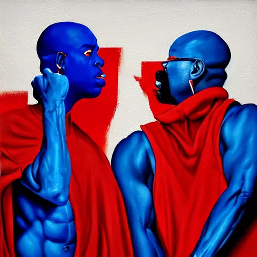 Image similar to crips vs bloods!! painting by emanuele dascanio and robin eley