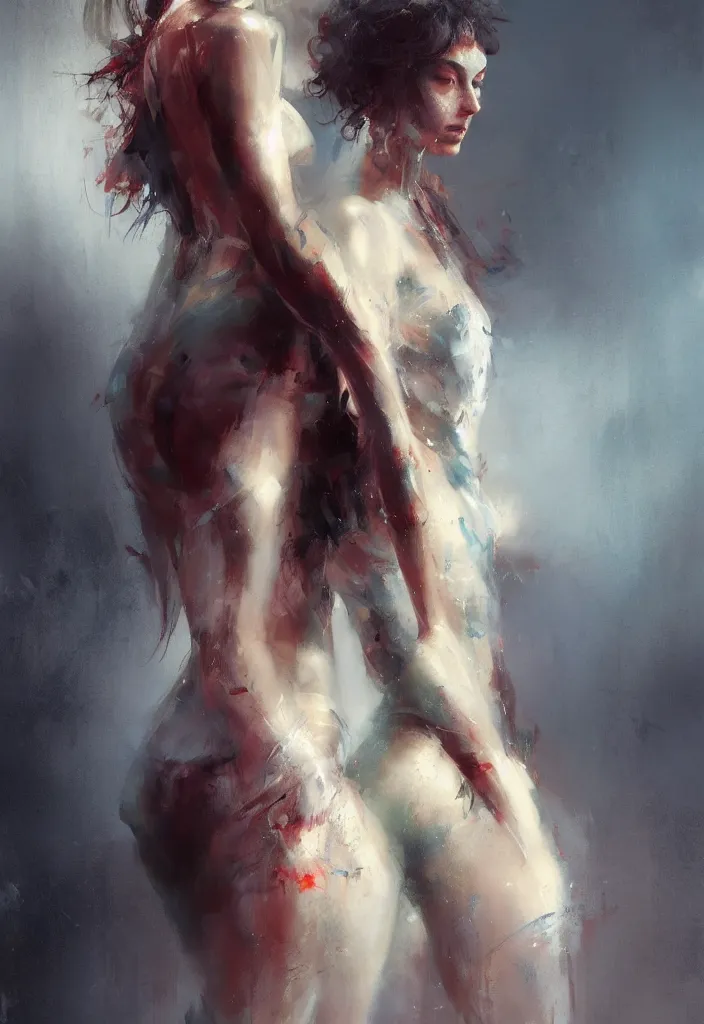 Image similar to full body portrait of a duo of 2 1 years old girl figures, messy hair, oriental tattoos, bespoke tailoring, beautiful, dramatic, cinematic lighting, few fire red highlights, by jeremy mann and greg rutkowski, oil on canvas, artstation, pixiv