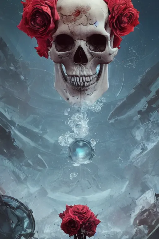 Prompt: skull roses explosion, concept art, technology vs nature, photorealistic by michael komarck, greg rutkowski, victo ngai, artgerm, willem claesz heda and j. dickenson, beeple