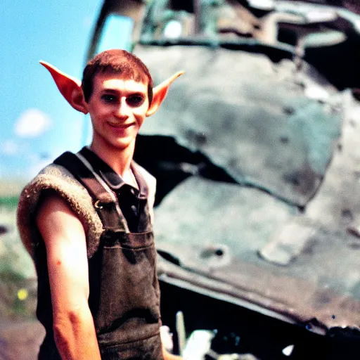 Image similar to close up headshot of a skinny high-fantasy elf with a long face narrow chin and spiky blonde hair wearing dark brown overalls and holding a bomb next to a destroyed car, high resolution film still, HDR color