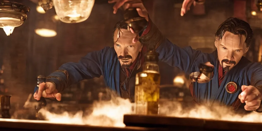 Image similar to film still of Singular Doctor Strange working as a bartender in the new Avengers movie, 4k