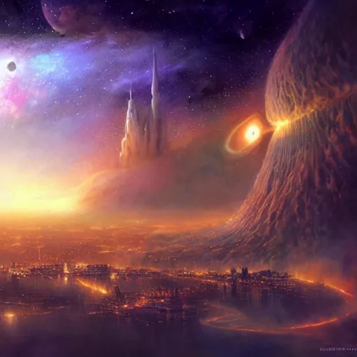 Image similar to The golden city of New Jersualem in the clouds, the orion nebula in the sky, nebula, fantasy city, fantastical architecture, divine, holy, art by Stephan Martinière, Martinière artwork, fantasy, beautiful, HD