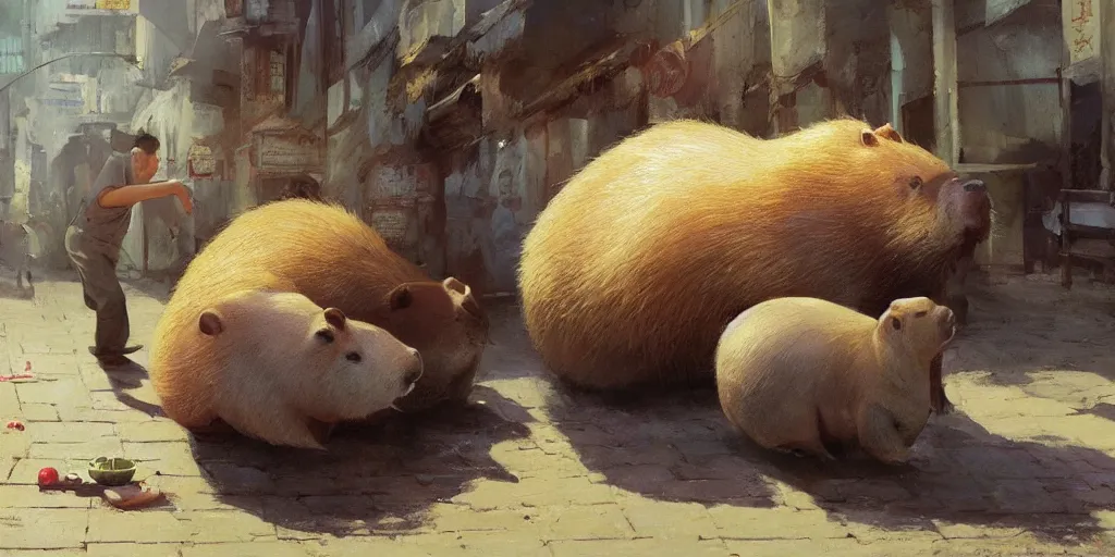 Prompt: A fat Chinese man preparing a capybara for lunch, artwork by Craig Mullins,Movie poster, detailed, trending on artstation