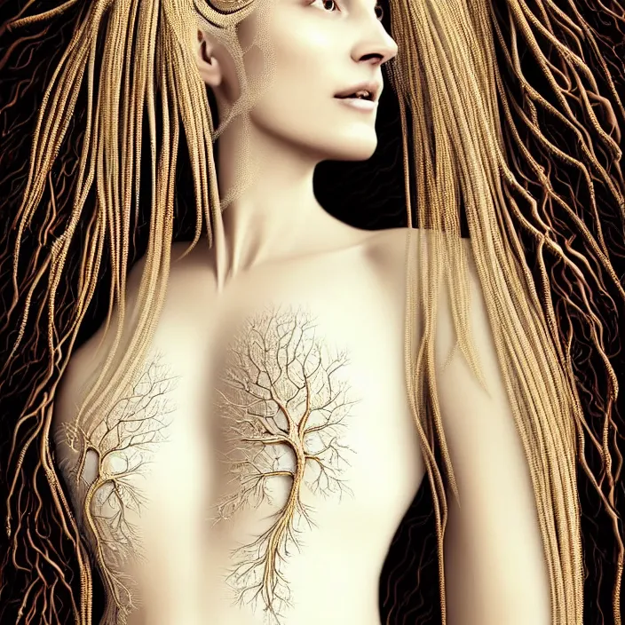Image similar to Portrait of a beautiful woman like a queen-roots-angel, dressed in long elegant intricate ornamental roots white dress, natural skin tone, intricate mandelbrot fractal highly detailed roots ornament in the upper side of breast, bust with a very long neck , hair are wired roots, elegant, highly detailed intricate roots ornament in her long hair, Realistic, Refined, Highly Detailed, natural lighting colors scheme, fine art photography by Flora Borsi, volumetric lighting, hyper realistic photography, 8k