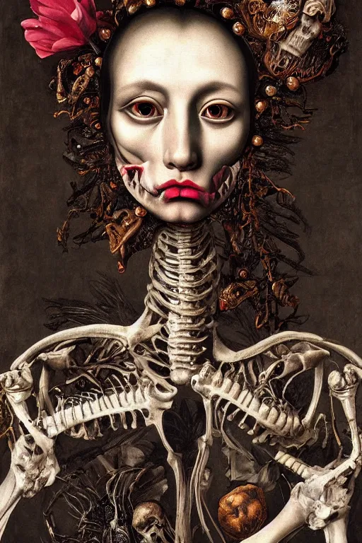 Image similar to Detailed maximalist portrait with large lips and with large, wide eyes, sad expression, extra bones, flesh, HD mixed media, 3D collage, highly detailed and intricate, surreal, illustration in the style of Caravaggio, dark art, baroque