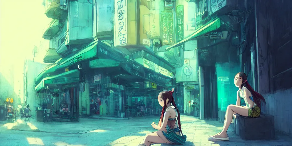 Prompt: concept art, pretty girl sitting on street, braids blue green, alone, junichi higashi, isamu imakake, intricate, balance, ultra detailed, full far frontal portrait, volumetric lighting, cinematic lighting + masterpiece,