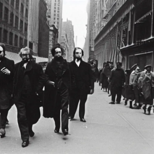Image similar to a photograph of Karl Marx walking down wall street in New York