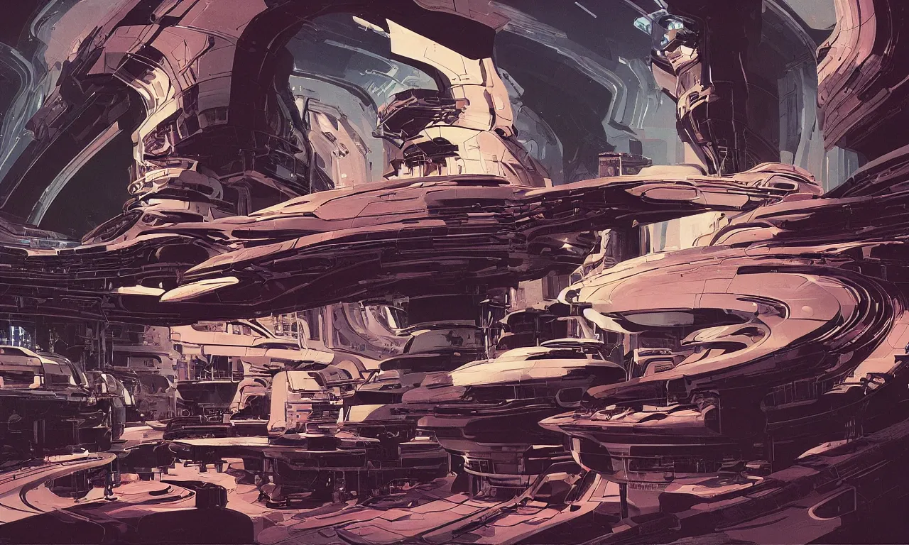 Prompt: Exploration of an ancient science-fiction alien world by Syd Mead, Federico Pelat