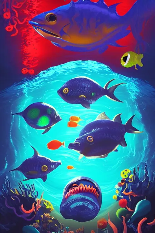 Image similar to life deep inside the sea with all monster on it. pop art, no duplicate image, glowing lights, ultra details, digital painting, artstation, concept art, smooth, sharp focus, illustration, intecrate details, art by richard hamilton and mimmo rottela, pixels art by kirokaze and paul robertson