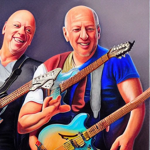 Image similar to portrait of mark knopfler with david gilmour, joyful, highly detailed painting by akira toriyama, 8 k