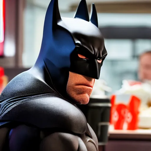 Image similar to A photo of Ben Affleck's Batman eating at KFC. Extremely detailed. Beautiful. 4K. Award-winning