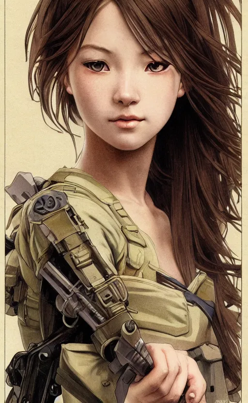 Image similar to infantry girl, trading card front, anime style, symmetrical facial features long hair, hair down, konpeki no kantai, hyper realistic, pale skin, rule of thirds, extreme detail, 4 k, detailed drawing, trending artstation, realistic lighting, by alphonse mucha, greg rutkowski, sharp focus, backlit, combat vest