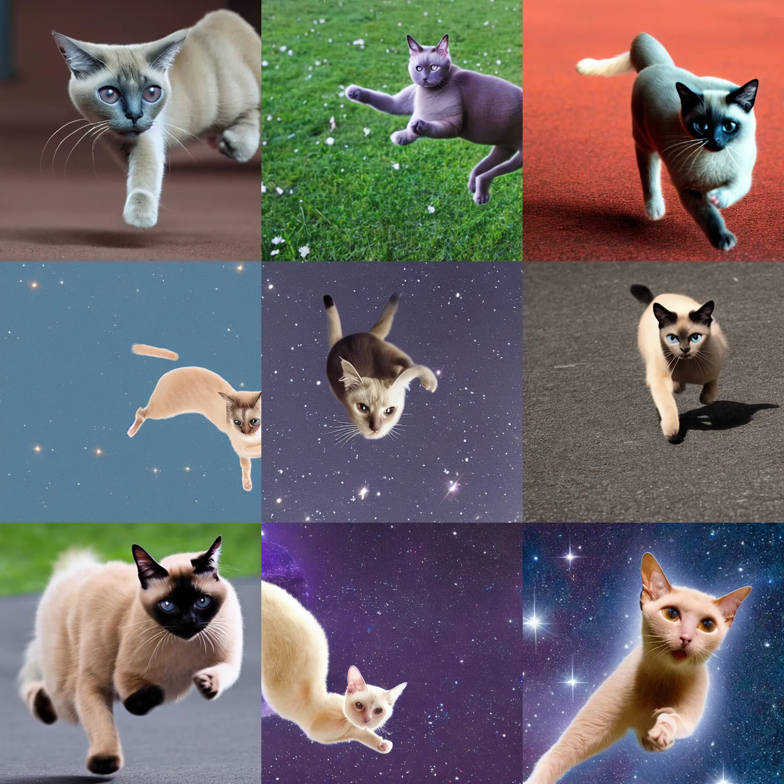 Prompt: a Siamese cat running in the space