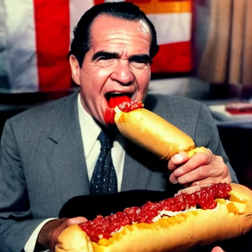 Image similar to Richard Nixon eating a hotdog, hyper realistic, HD, HQ, photo realistic