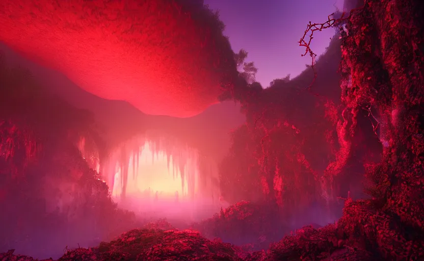 Image similar to a beautiful and stunning digital render of a humongous ruby cave, dimly glowing crystals, vines, haze, waterfall, volumetric lighting, photorealistic, red sky, sunset, unreal engine 5, ultra detail, trending on artstation