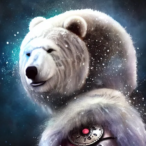 Image similar to white furry polar bear, steampunk googles, highly detailed, unreal engine 5, cinematic, 8 k, by megan duncanson, benjamin lacombe, adrian borda, stanley artgermm, tom bagshaw, craig mullins, carne griffiths, ayami kojima, beksinski, giger, trending on deviantart, hyper detailed, horror, full of colour