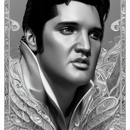 Prompt: elvis presley, intricate, highly detailed, digital painting, artstation, concept art, smooth, sharp focus, illustration, unreal engine 5, 8 k, art by artgerm and greg rutkowski and alphonse mucha