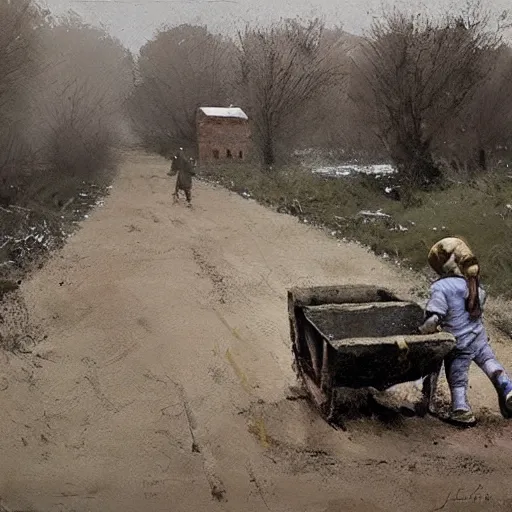 Image similar to painting by jakub rozalski of a child walking with a wheelbarrow in an abandoned post soviet town infested with root monsters