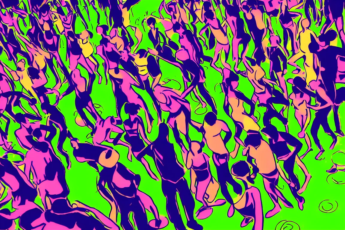 Prompt: henri matisse. close up of sketched humans underground raving standing in circle in a club. a chaotic scenery. palm trees and dj equipment, music, a bar with drinks. slight, fine contours of faces, arms, bodes. disco ball overhead. the floor is green. crazy lights. dark background. jumping. minimalistic color palette. fine brush strokes. horizon