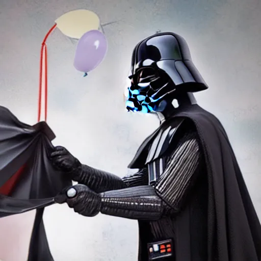 Image similar to Darth Vader popping a ballon, hyper realistic, HD, HQ, photo realistic