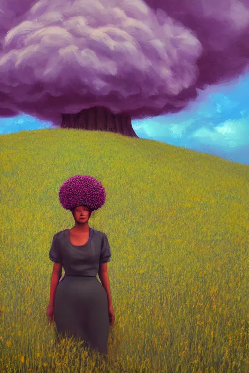 Image similar to closeup, giant flower head, black woman in heather field, surreal photography, starlight, storm clouds, impressionist painting, digital painting, artstation, simon stalenhag