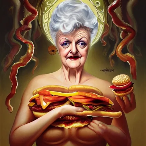 Image similar to detailed full body concept art illustration oil painting of Angela Lansbury consuming hamburgers, extra ketchup, bacon lettuce and tomatos, oriental art nouveau, frock, mid body, radiant halo of light, black gold smoke ink, woman covered in bacon and cheese, peter mohrbacher, artgerm