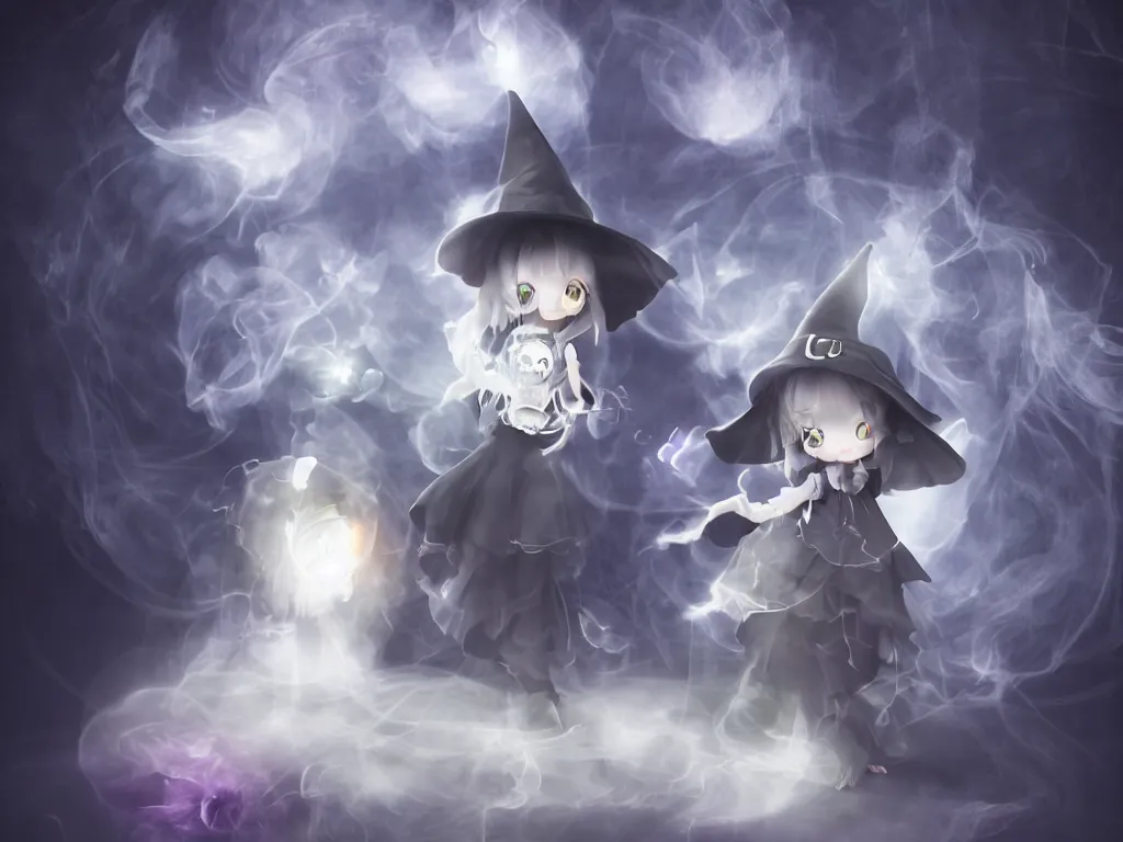 Image similar to cute fumo plush girl gazing into a crystal ball swirling with strange energy, black and white gothic horror, smoke and volumetric fog, witch girl, soothsayer, lens flare glow, chibi anime, vray