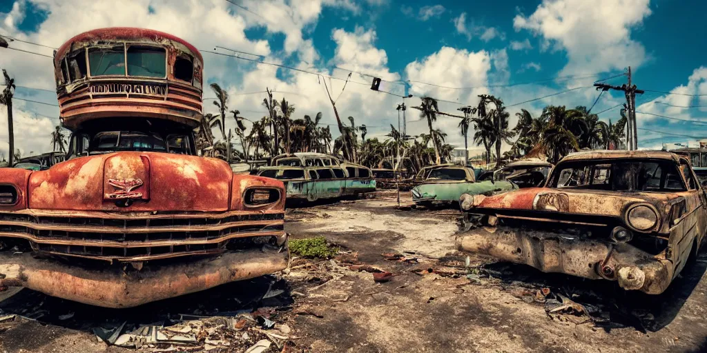 Image similar to low wide angle shot of dilapidated fallout 5 miami, tropical coastal city, desolate, dilapidated neon signs, few rusted retro futuristic vintage parked vehicles like cars, buses, trucks, trams, sunny weather, few clouds, volumetric lighting, photorealistic, daytime, spring, sharp focus, ultra detailed, 4 0 0 0 k