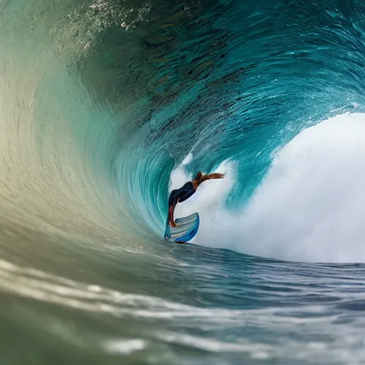 Image similar to a tunnel wave at teahupo'o with a very old woman dropping in an an ironing board