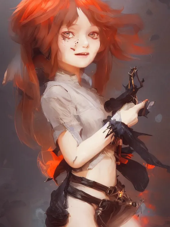 Image similar to Full shot of a cute mischievous young witch about to get up to some trouble. Black and Orange palette. By Ruan Jia and Artgerm and Range Murata and WLOP and CLAMP. Key Art. Fantasy Illustration. award winning, Artstation, intricate details, realistic, Hyperdetailed, 8k resolution.