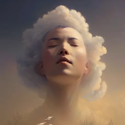 Prompt: a beautiful portrait of a cloud goddess with closed eyes, several birds flying in the sky, by Greg Rutkowski and Raymond Swanland, Trending on Artstation, ultra realistic digital art