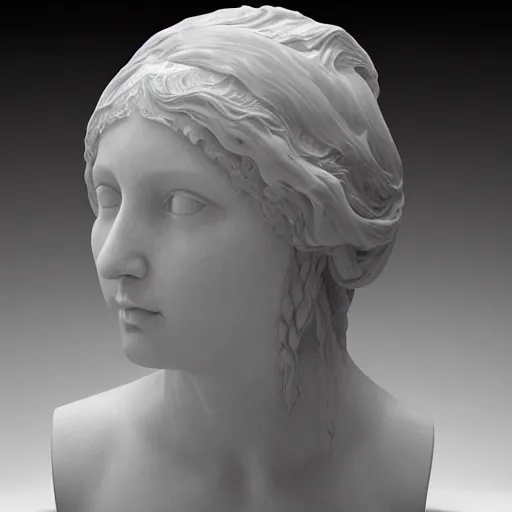 Image similar to “a delicate renaissance marble sculpture of a !female !!face , covered with !!!!!water veil, highly detailed transparent marble cloth, gi, global illumination, physically based rendering, photorealistic, top light , dark background”