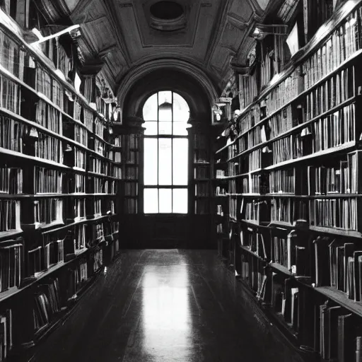 Prompt: old library at night, liminal, dark, sprawling,