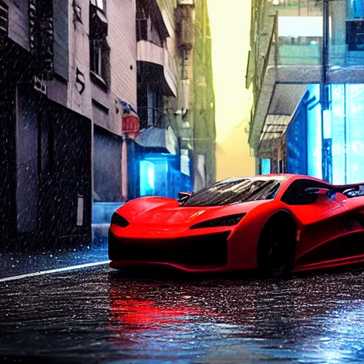 Prompt: supercar on wet street in the city, cyberpunk, octane