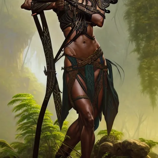 a female tribal warrior in the jungle, african. By, Stable Diffusion