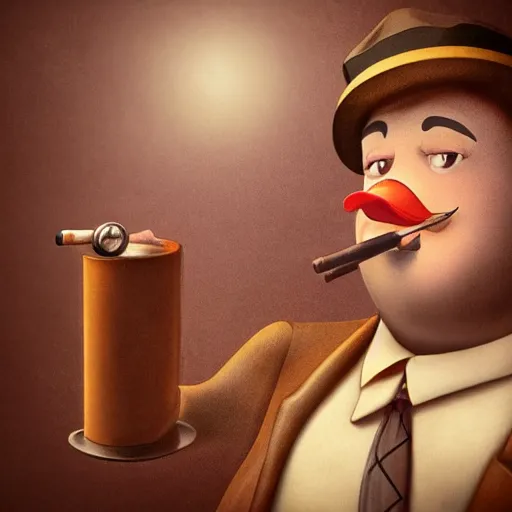 Image similar to chubby cartoon duck detective smoking cigar in 1 9 2 0's prohibition era attire in a chicago speakeasy. depth of field, zeiss lens, detailed, asymmetrical, breathtaking, 8 k resolution, extremely detailed, beautiful, establishing shot, artistic, hyperrealistic, beautiful face, octane render, by victor hugo