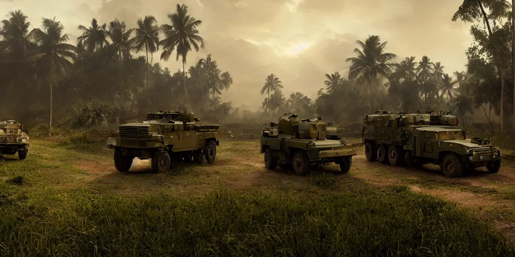 Image similar to kerala village countryside, militarised vehicles moving through, beautiful dynamic lighting, cinematic, wide angle establishing shot, extremely high detail, photo realistic, cinematic lighting, post processed, artstation, matte painting, style by eddie mendoza, raphael lacoste, alex ross, volumetric lighting, light rays, photorealistic, ultrarealistic, moody, coronarender, 8k