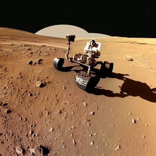 Prompt: award winning photo of carl sagan wearing space helmet riding on top of the mars rover