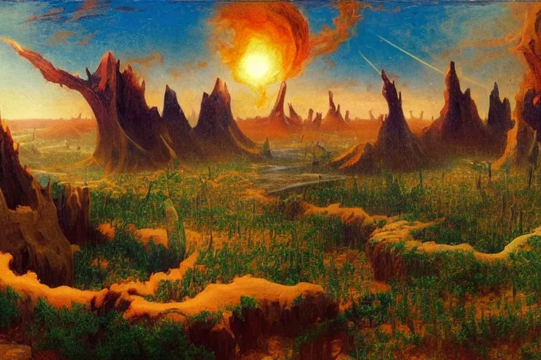 Prompt: miskatonic university big bang landscape in the style of dr. seuss,'run the jewels ', painting by albert bierstadt